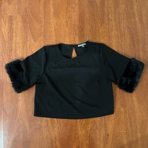 Charlotte Russe Black Crop Blouse with Faux Fur Lined Short Sleeves